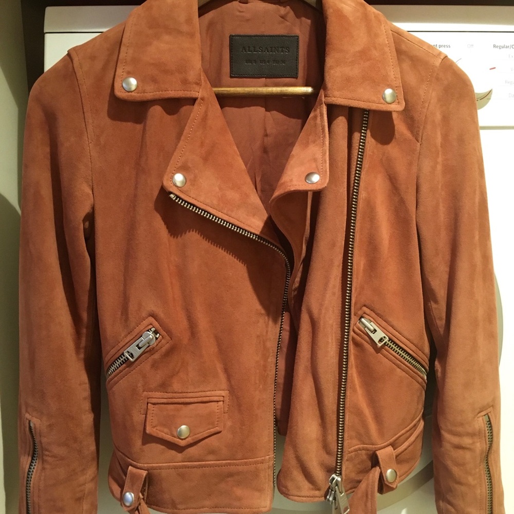 all saints suede jacket in rust color